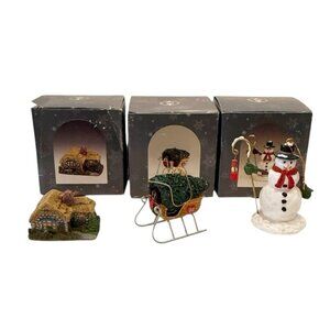 3 Thomas Kinkade Christmas Ornaments Snowman Sleigh w/Tree Cottage w/Boxes